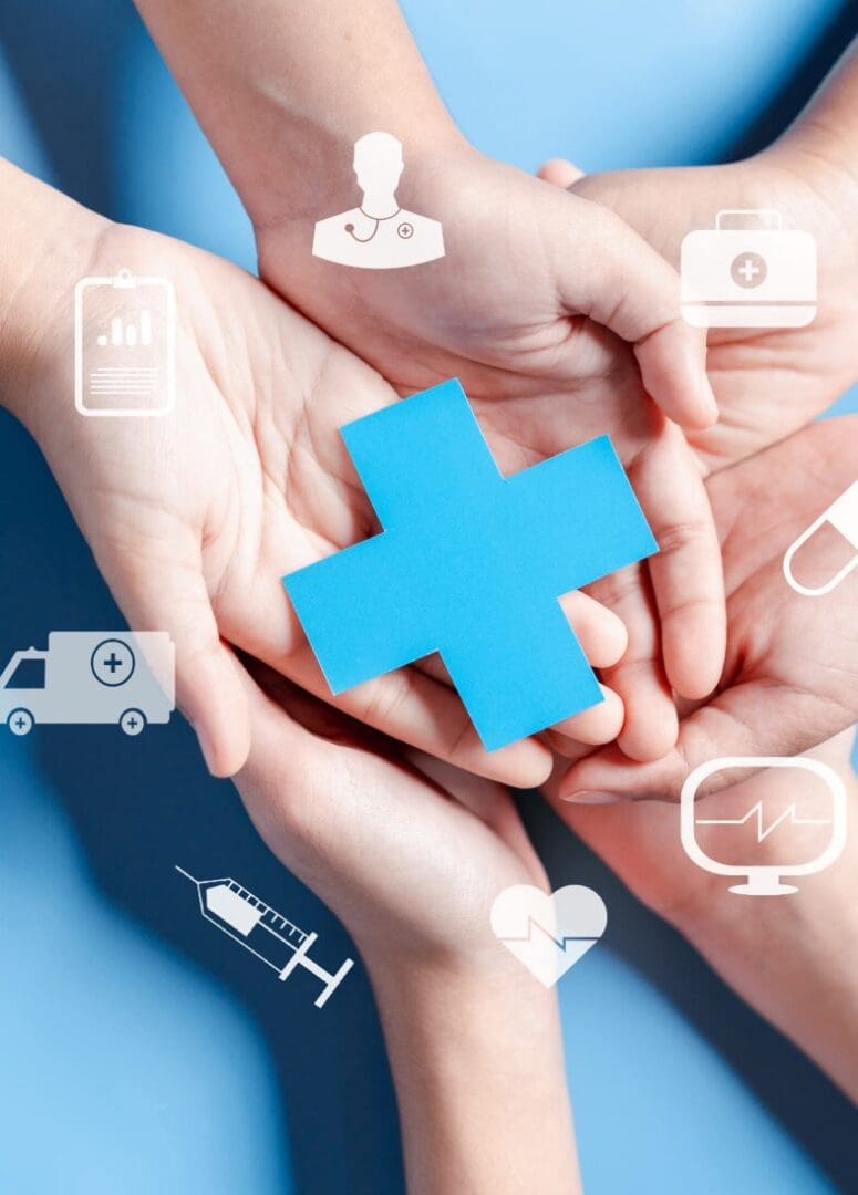 Hands holding blue medical cross, healthcare icons.